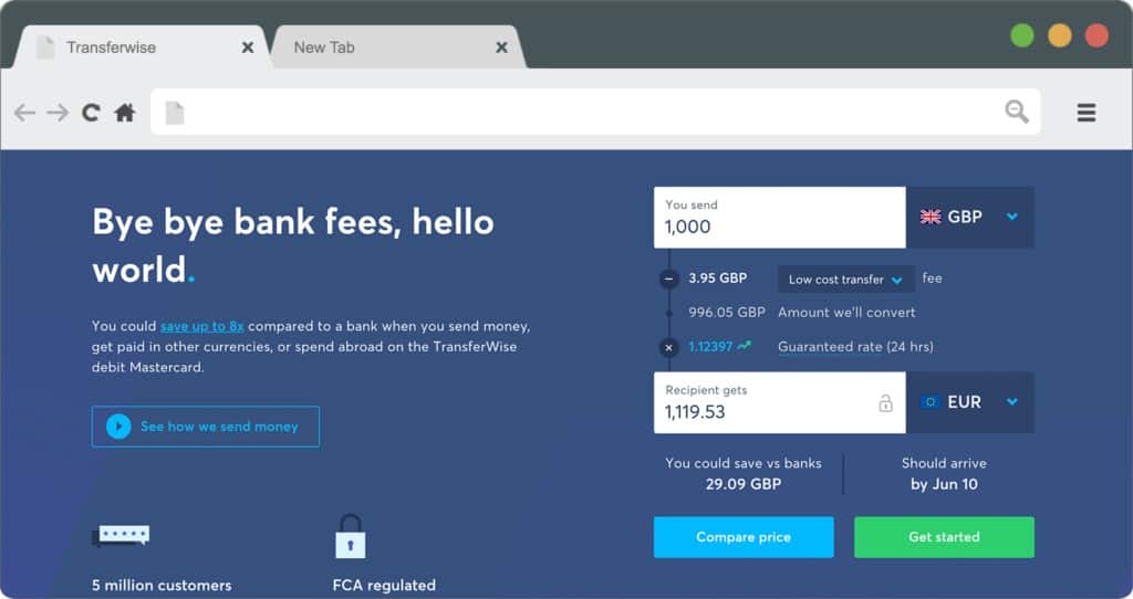 screenshot of the Transferwise homepage