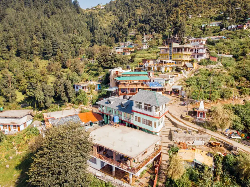 Aerial shot of the remote village of Dharamkot in the Himalayas.