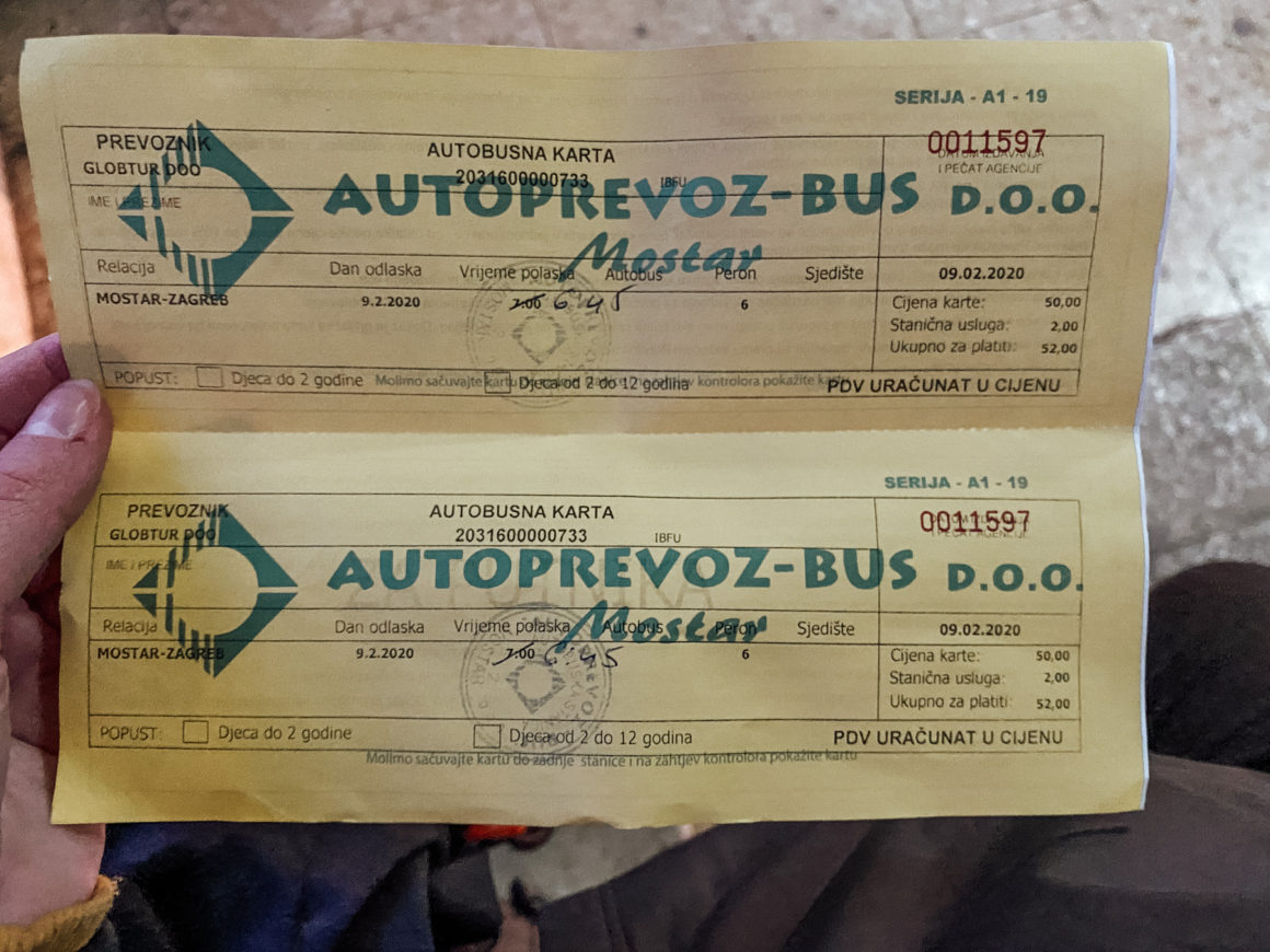 Bus Ticket for Mostar to Zagreb