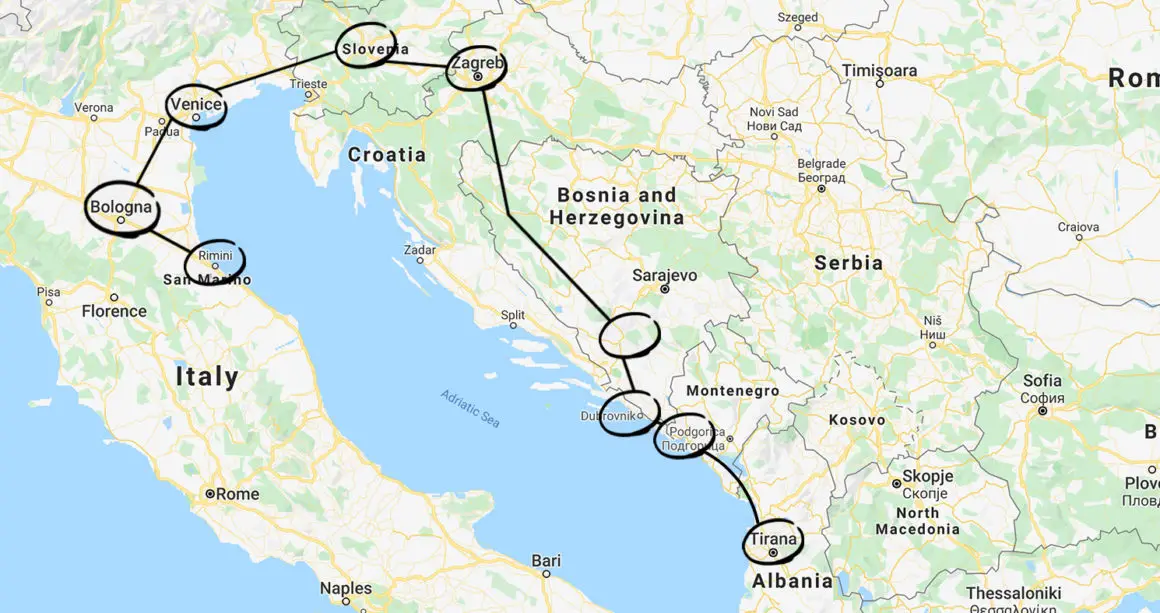 mapped digital nomad itinerary of the Adriatic Coast