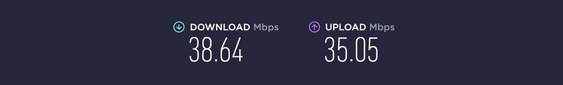 Internet Speeds with Download (38.64 Mbps) and Upload (35.05 Mbps)