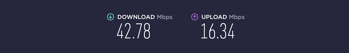 Internet Speeds with Download (42.78 Mbps) and Upload (16.34 Mbps)