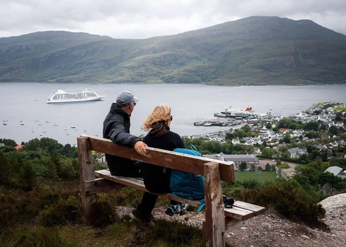 View of the Calmac Ferry from Ullapool Hill along the North Coast 500